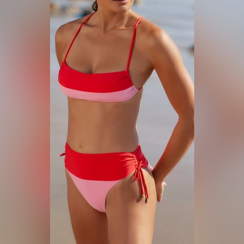 PQ Swim Luna Color Blocked Bikini Top (D) Ruched Bikini Bottoms (S)